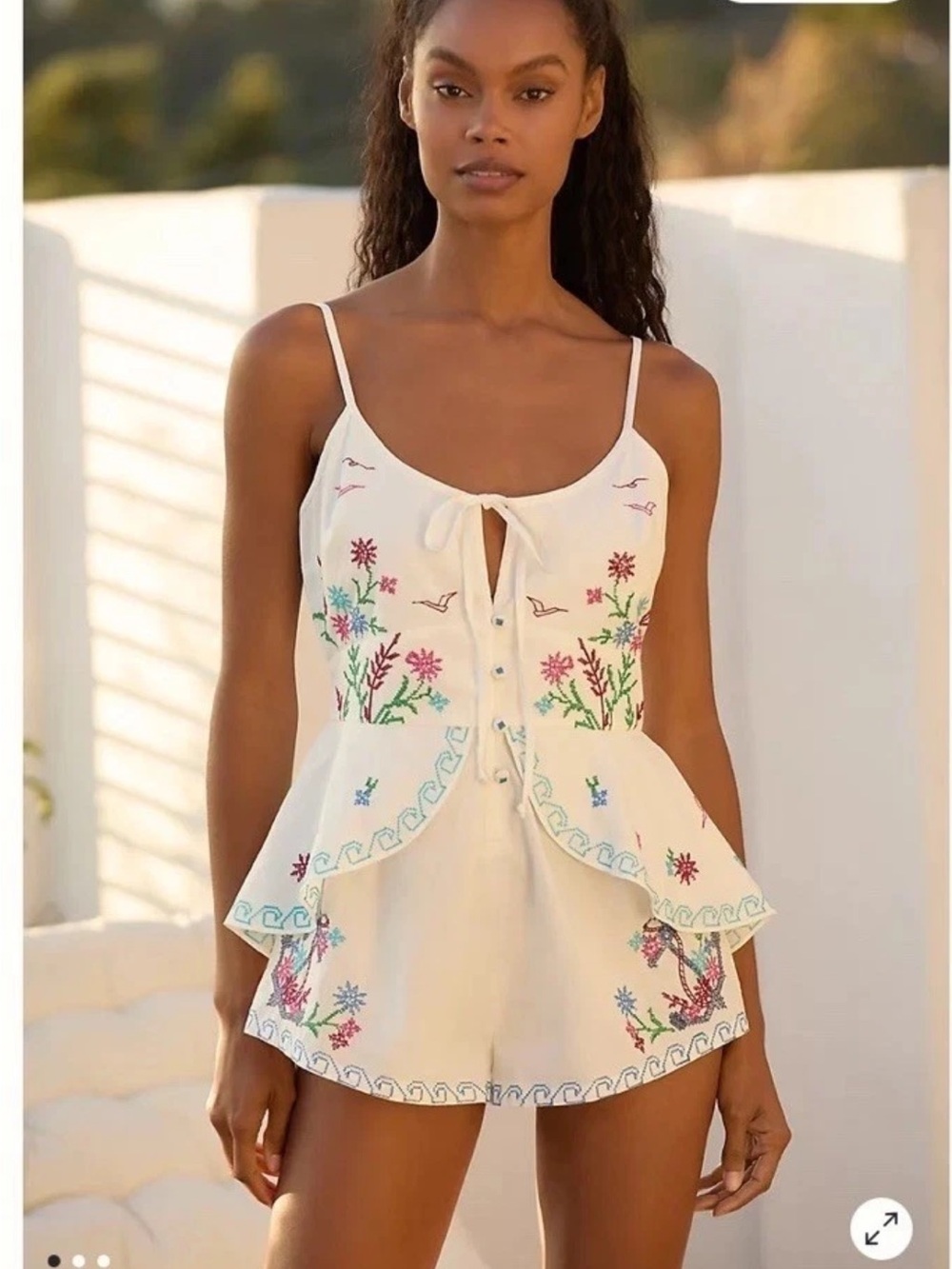Anthropologie white embroidered Cross stitch cotton romper XL New NWT